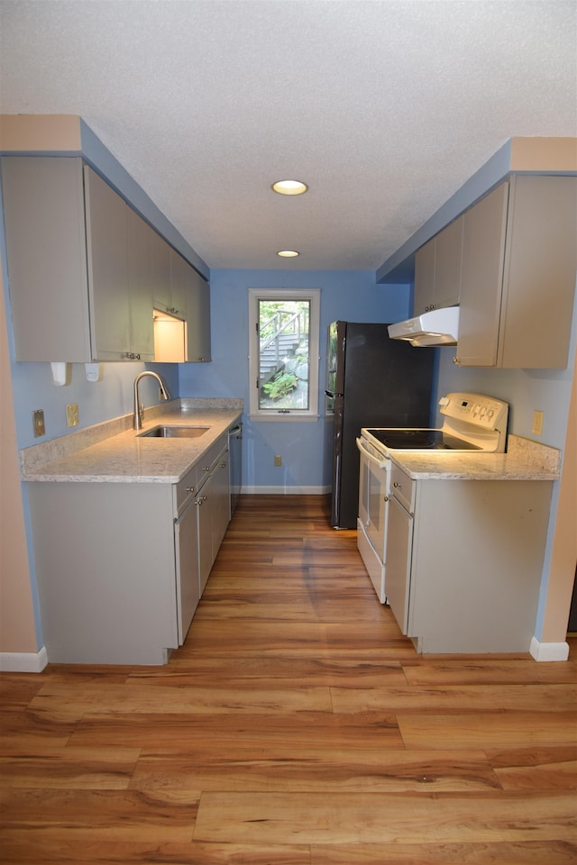 kitchen featuring white electric range, sink, stainless steel dishwasher, and light hardwood / wood-style floors