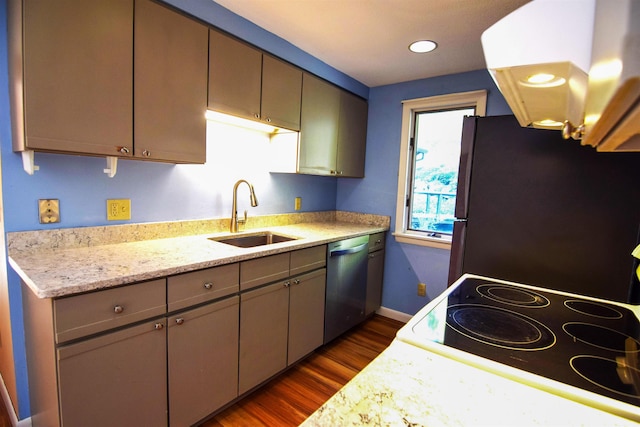 kitchen featuring light stone countertops, stainless steel dishwasher, dark wood-type flooring, refrigerator, and sink