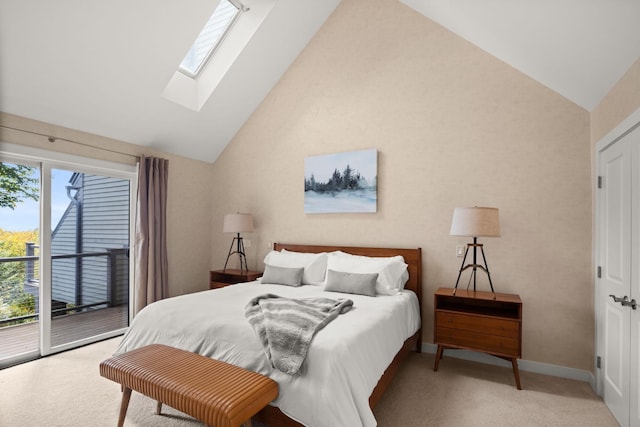 carpeted bedroom featuring high vaulted ceiling and access to outside