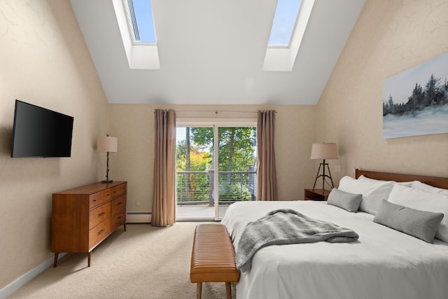 carpeted bedroom with access to outside, baseboard heating, high vaulted ceiling, and a skylight