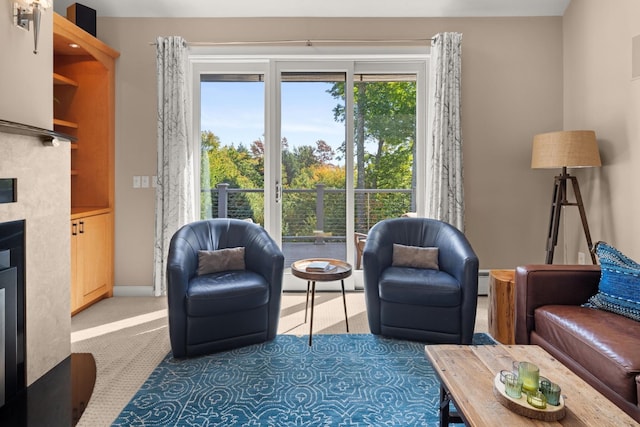 carpeted living room featuring a baseboard heating unit