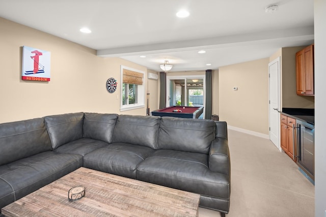 carpeted living room featuring beam ceiling, an AC wall unit, beverage cooler, and billiards