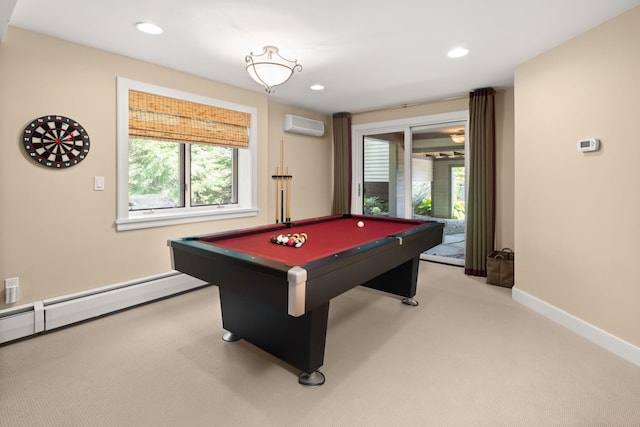 game room featuring a wall unit AC, light carpet, baseboard heating, and pool table