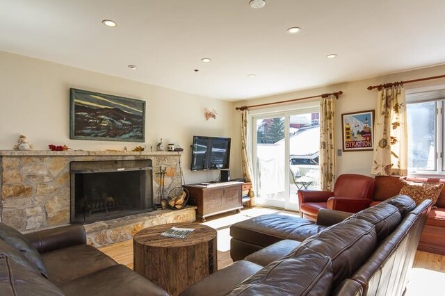 living room with light wood-type flooring and a fireplace