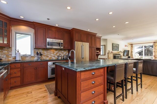 kitchen featuring stainless steel appliances, light wood-type flooring, and a wealth of natural light