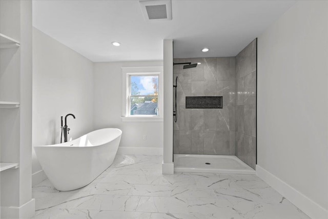 full bathroom featuring baseboards, marble finish floor, a stall shower, and visible vents