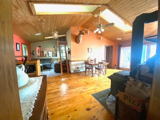 living room with wood-type flooring, ceiling fan, wooden ceiling, and lofted ceiling with skylight