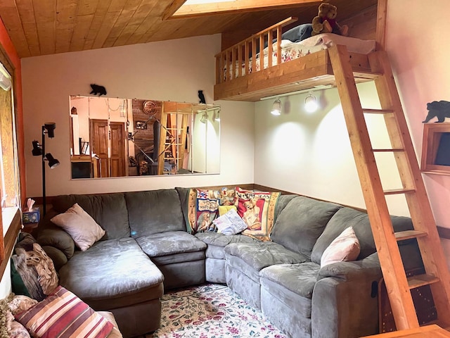 living room with wood ceiling