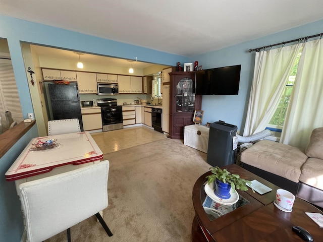 carpeted living room featuring sink