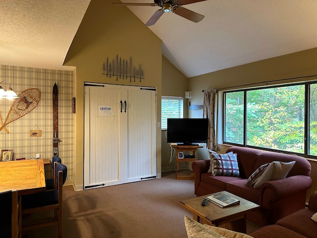 living room with carpet, ceiling fan, vaulted ceiling, and a textured ceiling