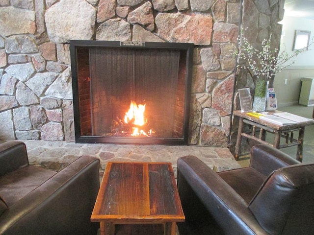 details featuring a stone fireplace