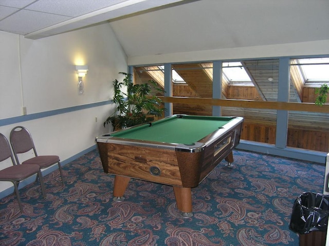 playroom with dark carpet, billiards, and vaulted ceiling