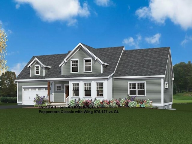 new england style home featuring a front lawn and a garage