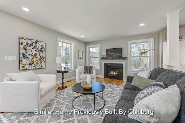 living room featuring a tiled fireplace, plenty of natural light, and light wood-type flooring