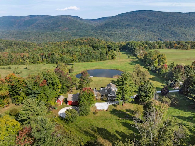 birds eye view of property with a water and mountain view