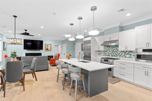 kitchen featuring premium appliances, ceiling fan, sink, and decorative light fixtures