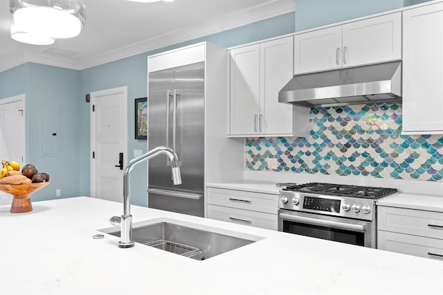 kitchen with sink, white cabinetry, premium appliances, backsplash, and ornamental molding