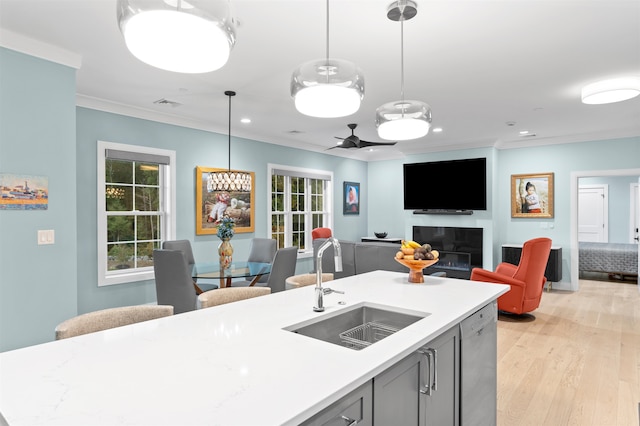 kitchen featuring light hardwood / wood-style floors, sink, hanging light fixtures, crown molding, and stainless steel dishwasher