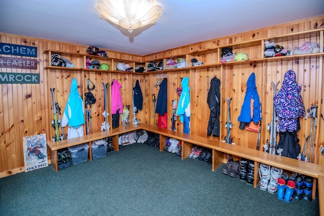 226 Okemo Trailside Ext Unit 47C, Ludlow, VT 05149 - mudroom featuring wooden walls and carpet