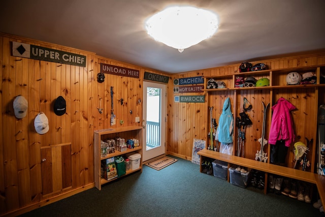 226 Okemo Trailside Ext Unit 47C, Ludlow, VT 05149 - mudroom with wooden walls and carpet flooring