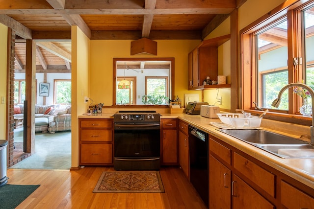 kitchen featuring beam ceiling, wood ceiling, black appliances, and light hardwood / wood-style flooring