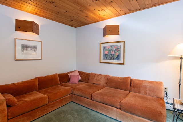 carpeted living room with vaulted ceiling and wooden ceiling