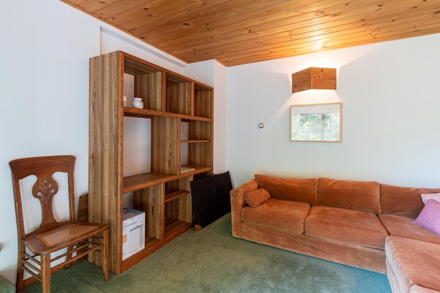 carpeted living room featuring wood ceiling