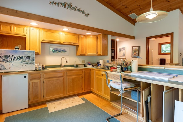 kitchen with light hardwood / wood-style flooring, wood ceiling, lofted ceiling, and sink