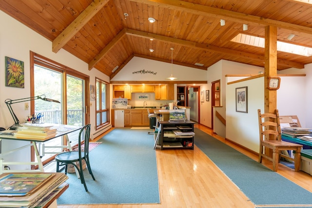 living room with vaulted ceiling with skylight, sink, light hardwood / wood-style flooring, and wood ceiling