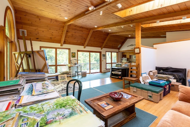 living room with light wood-type flooring, plenty of natural light, lofted ceiling with skylight, and wooden ceiling