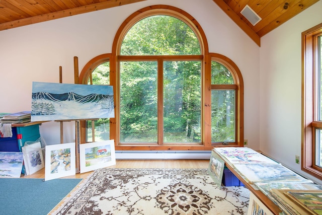 interior space with wood ceiling, a baseboard heating unit, wood-type flooring, and beamed ceiling