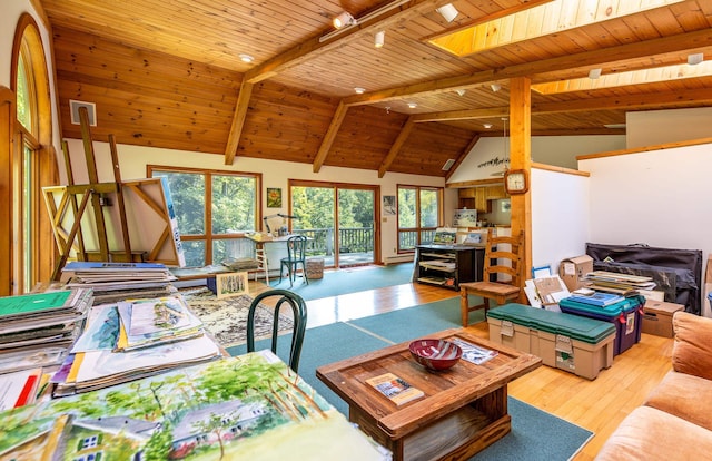 living room featuring light hardwood / wood-style flooring, a wealth of natural light, lofted ceiling with skylight, and wood ceiling