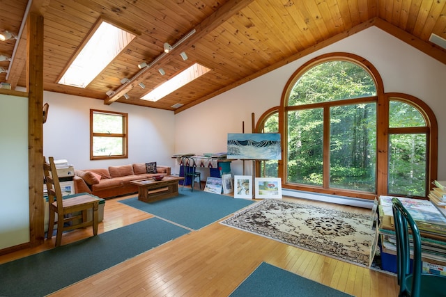 living room with rail lighting, vaulted ceiling with skylight, plenty of natural light, and hardwood / wood-style flooring