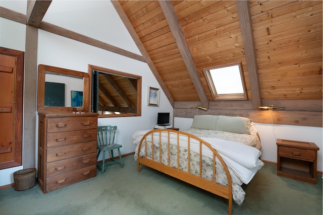 carpeted bedroom with wooden ceiling and lofted ceiling with skylight