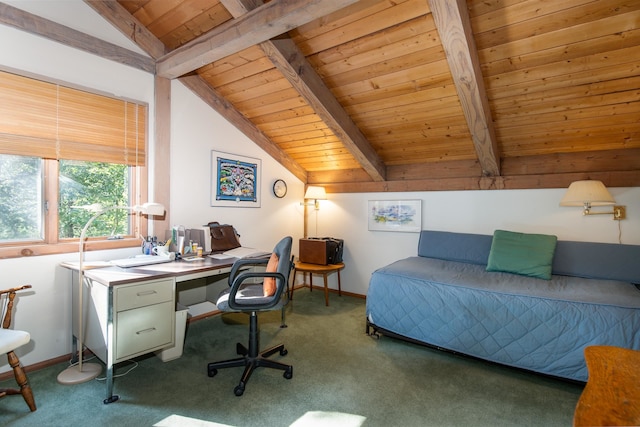 carpeted bedroom featuring lofted ceiling with beams and wood ceiling