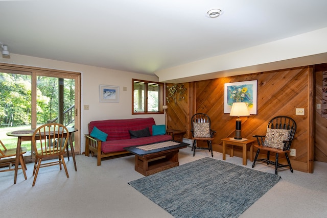 living room featuring a wealth of natural light and wood walls