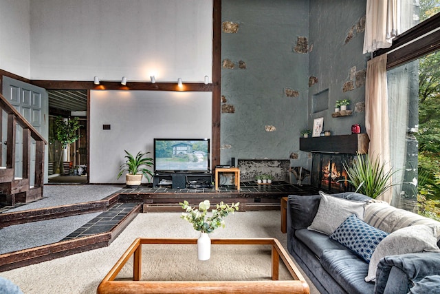 living room with a towering ceiling