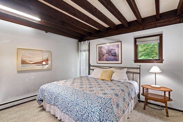 bedroom with a baseboard heating unit, light carpet, and beamed ceiling