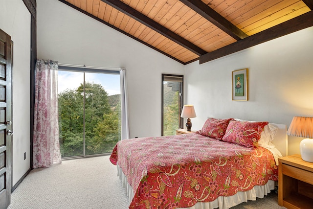 bedroom featuring carpet floors, wood ceiling, and lofted ceiling with beams