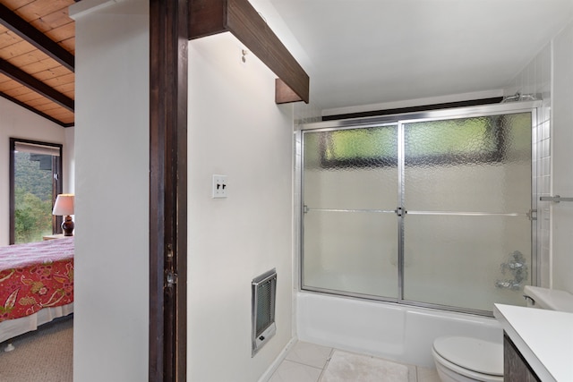 full bathroom featuring lofted ceiling with beams, vanity, wooden ceiling, enclosed tub / shower combo, and toilet