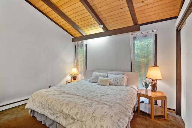 carpeted bedroom featuring vaulted ceiling with beams, baseboard heating, and wooden ceiling