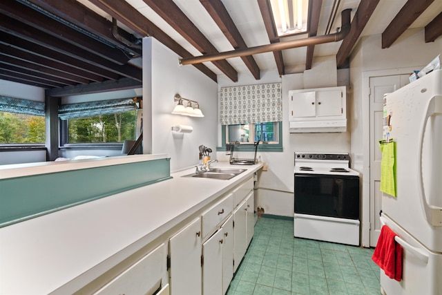 kitchen featuring white cabinets, sink, and white appliances