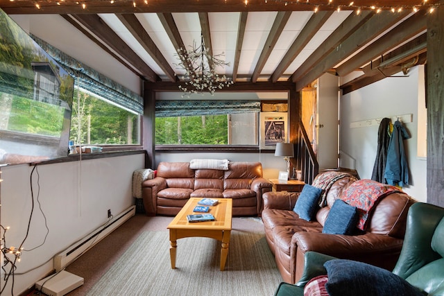 carpeted living room with a baseboard radiator and beam ceiling