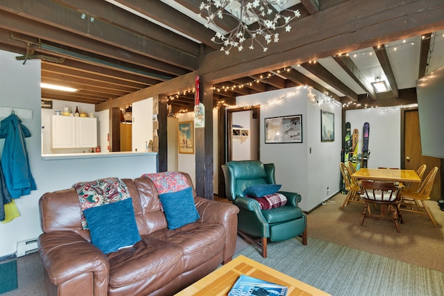 carpeted living room featuring beamed ceiling and a baseboard radiator