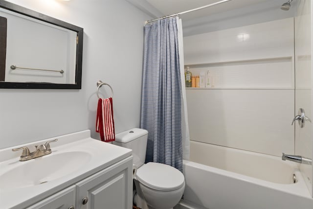 full bathroom featuring vanity, toilet, and shower / bathtub combination with curtain