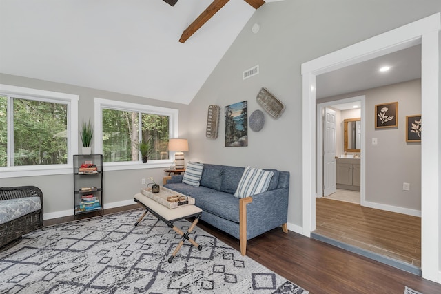 living room featuring wood-type flooring and high vaulted ceiling