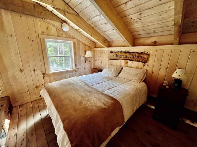 bedroom featuring wood-type flooring, wood ceiling, lofted ceiling with beams, and wooden walls