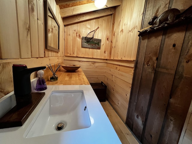 bathroom with a sink and wood walls