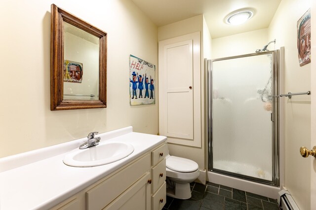 bathroom featuring a baseboard radiator, walk in shower, vanity, and toilet