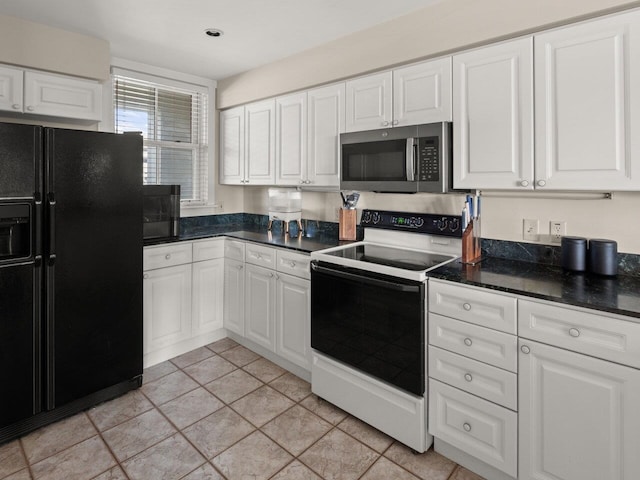 kitchen with white range with electric cooktop, black fridge with ice dispenser, light tile patterned floors, and white cabinets